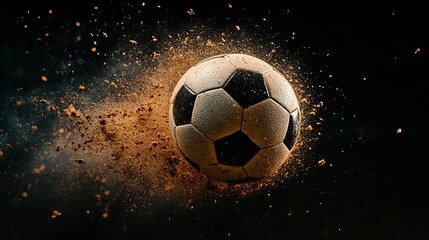 Fototapeta premium A dynamic close-up of a black and white soccer ball bursting through a cloud of dust, showcasing action and energy.