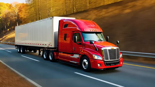 Red Semi-Truck with Trailer Driving on a Highway in Autumn Landscape

