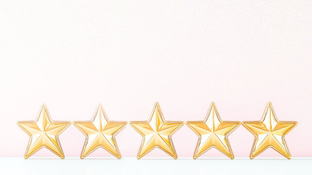 Shiny golden stars raiting arranged on a white surface against a soft pastel background showcasing elegance and simplicity