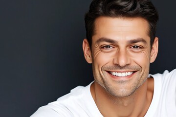 Fototapeta premium A man with a white shirt and dark hair is smiling. He has a beard and a mustache