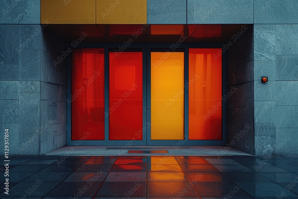Poster a building with a distinctive red and yellow door, suitable for use as a background or in travel-rel