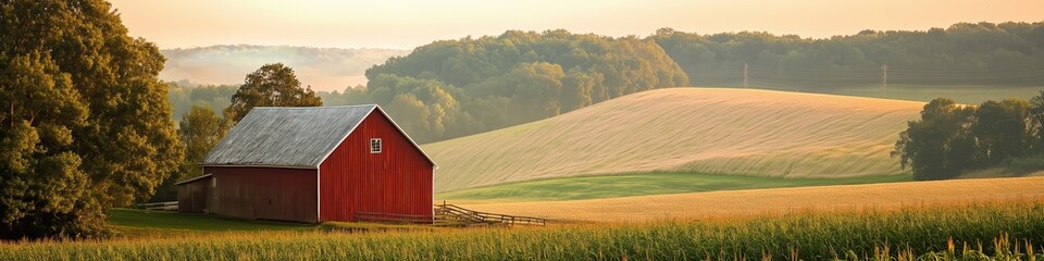 A red barn sits in a field of corn. The barn is surrounded by trees and the sky is a beautiful orange color. The scene is peaceful and serene, with the barn