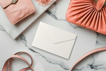 Fototapeta premium Elegant White Envelope Mockup with Peach Bags Marble Background
