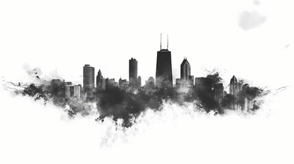 Obraz premium Black and white silhouette of the chicago skyline with a watercolor effect. Horizon. Illustration