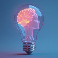 3D render of a light bulb with a glowing human head, representing innovation