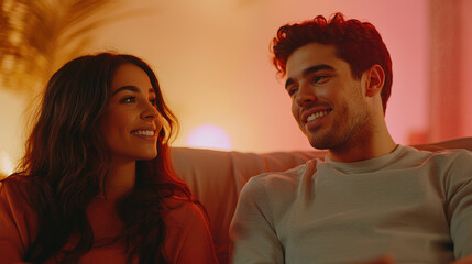 Engaged couple sharing joyful moment in cozy setting, smiling warmly