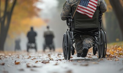 Obraz premium Wheelchair-bound soldier, flag, autumn leaves, path.