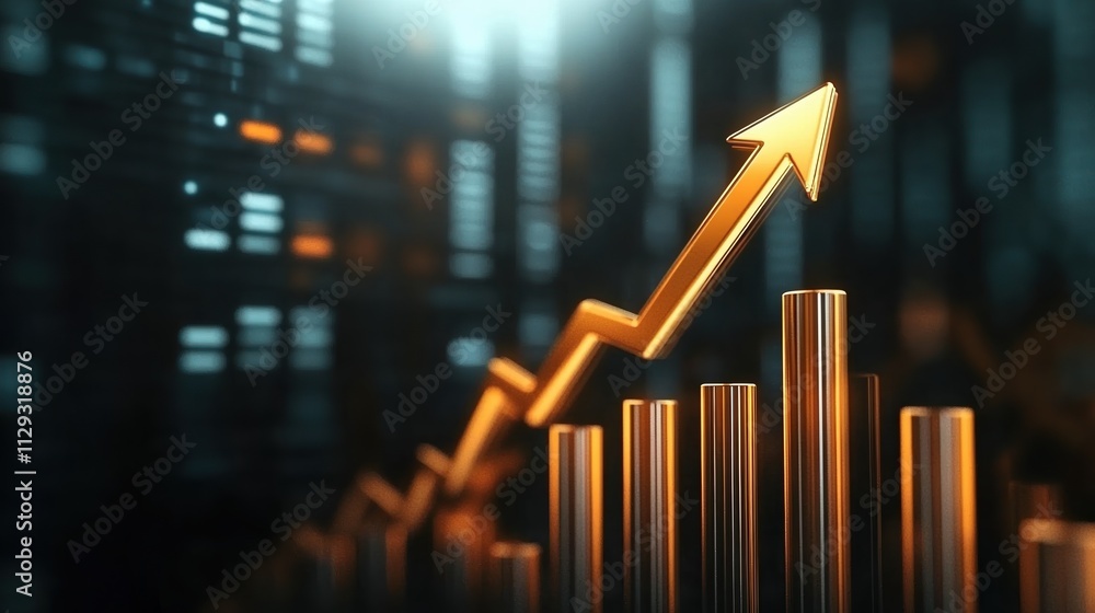 Poster growth and success depicted by rising arrow and bar stats with digital noise effects showcasing fina