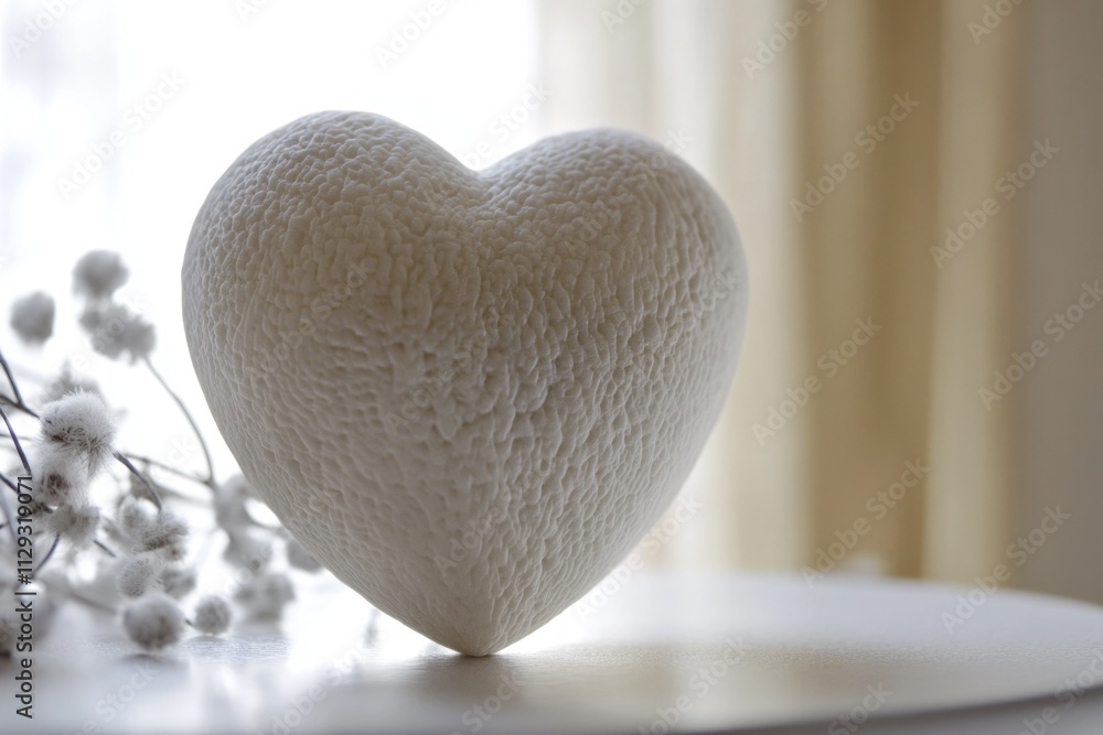 Poster a white heart-shaped object sits on a table, suitable for use in still life or valentine's day theme