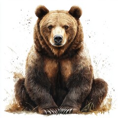 A large brown bear sits on the ground in a natural environment