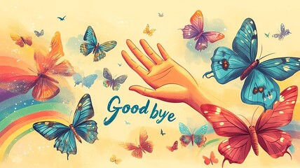 A lively illustration depicting a hand waving alongside bold "Good Bye" text. Perfect for farewell designs, capturing a cheerful yet poignant moment.

