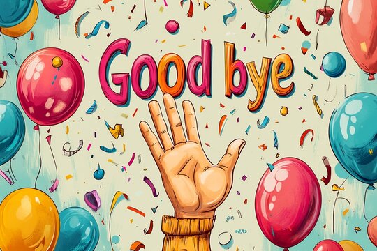 A lively illustration depicting a hand waving alongside bold "Good Bye" text. Perfect for farewell designs, capturing a cheerful yet poignant moment.

