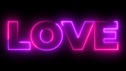 The inscription Love in neon color on a black background. Happy Valentine's Day. Postcards for February 14