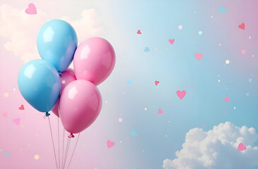 Happy birthday banner with helium flying blue and pink balloons on a pastel background. Selective focus, blurred background
