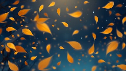 An abstract illustration of swirling golden leaves in motion against a deep blue autumn night sky