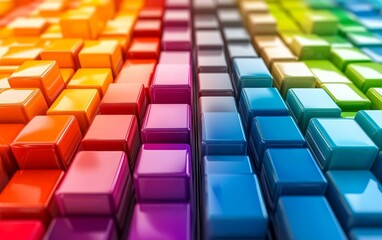 Fototapeta premium A vibrant, colorful array of 3D cubes in gradients of orange, purple, green, and blue, creating a visually striking pattern.