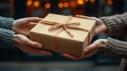 Cozy gift exchange: two people sharing a wrapped present in warm lighting