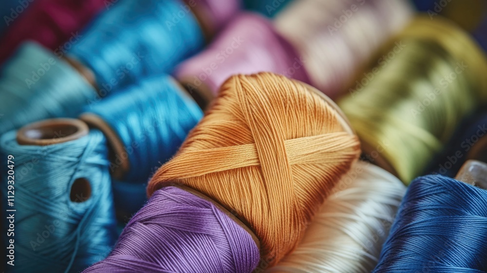 Poster Multiple thread spools stacked together, various colors and sizes