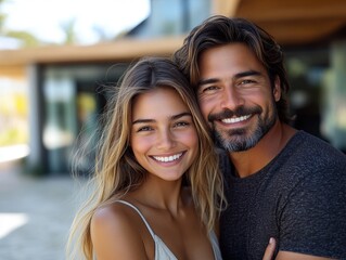 Smiling couple embracing outdoors at modern home in sunlit setting