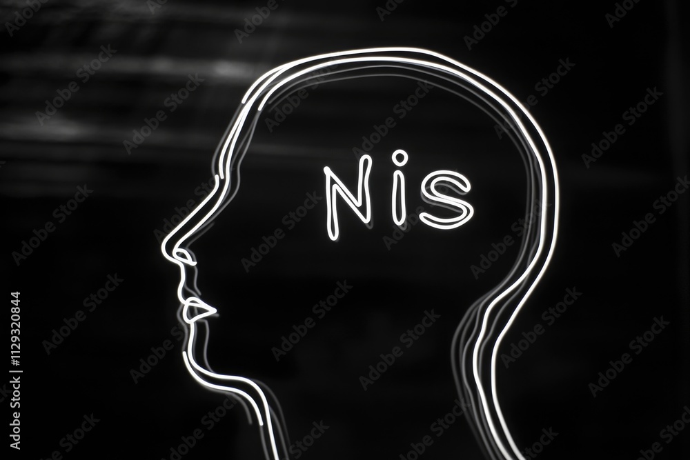 Poster a close-up of a neon sign with the word 'nis' written in bright colors, suitable for use in advertis