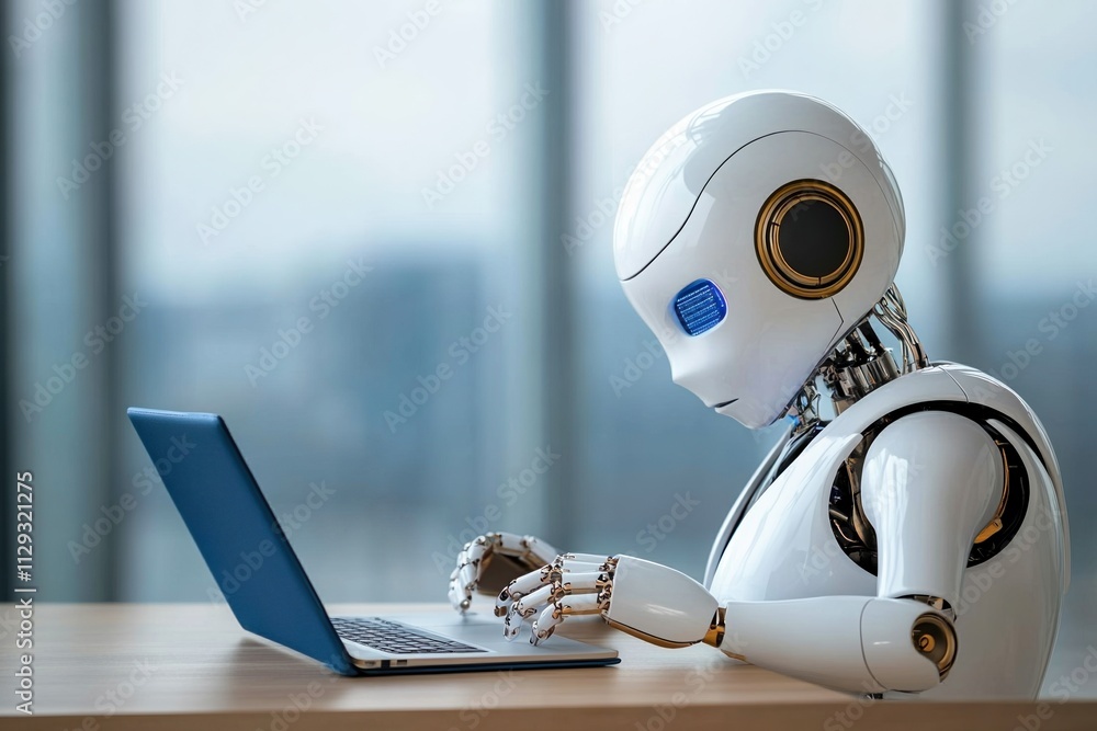 Poster cute artificial intelligence robot engaged in writing notes on a laptop in a modern workspace during