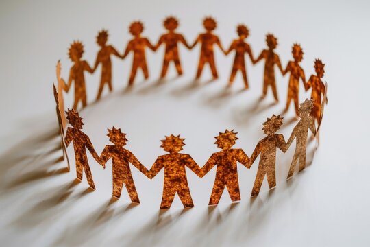 A group of paper figures holding hands in a circular formation, ideal for use in designs related to unity and community