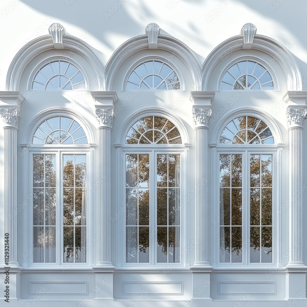 Poster a line of windows on a blank white surface, suitable for use in interior design, architecture, or mi