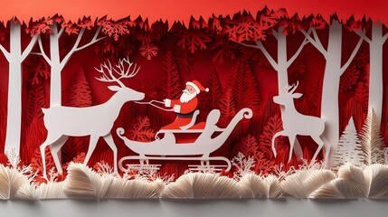 Santa Claus, Ornaments, Balls and Christmas Tree, Reindeer, Sleigh, Formed With Paper Cut Art, , Abstract Image, Texture, Pattern Background, Wallpaper, Cover and Screen of Smartphone, PC, Laptop, 9:1