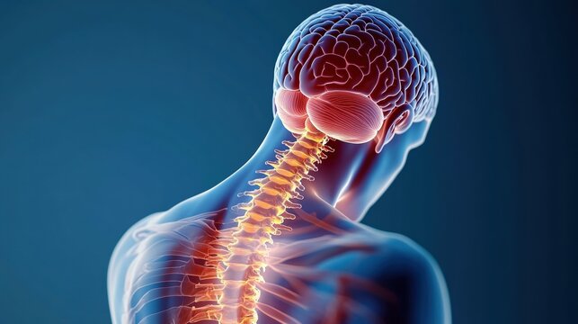 Detailed 3D illustration of human body with highlighted brain and spine emphasizing anatomy and medical science concepts