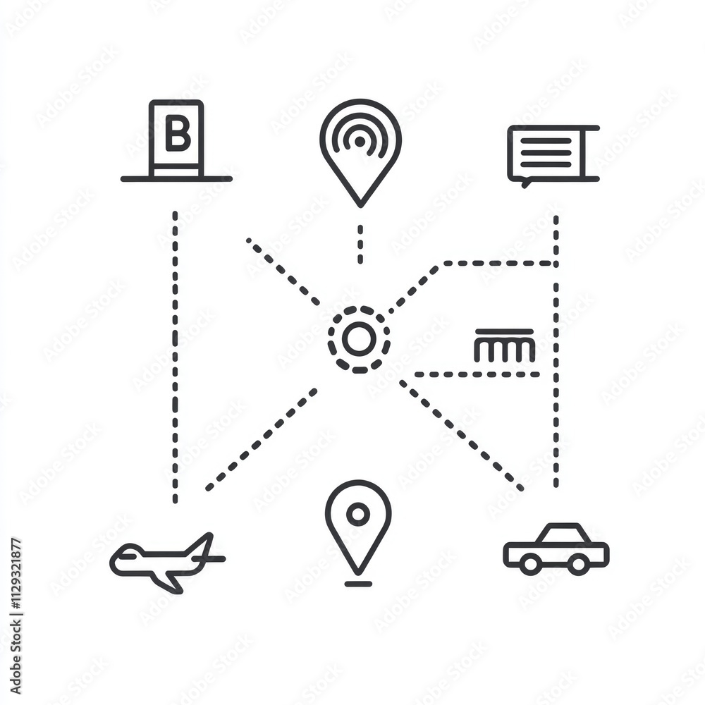 Poster minimalist map route icon: a to b pathway with location pins and travel symbols on a crisp white bac