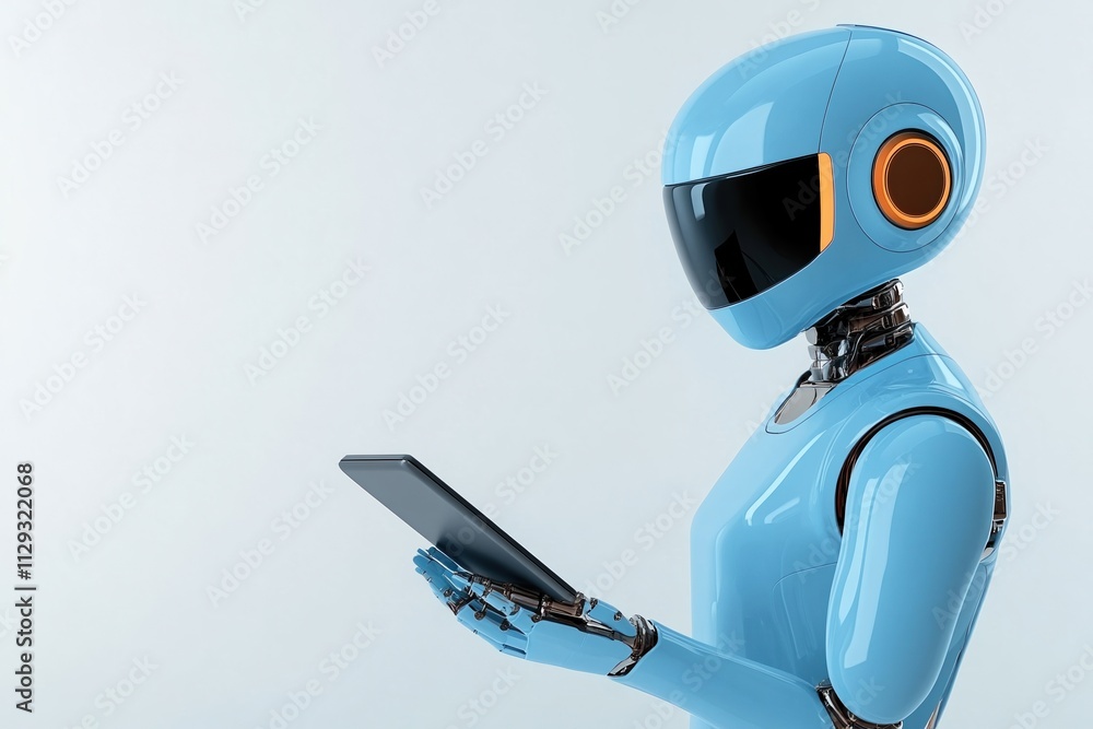 Poster innovative blue robot assistant interacts with a digital tablet in a modern setting, showcasing adva