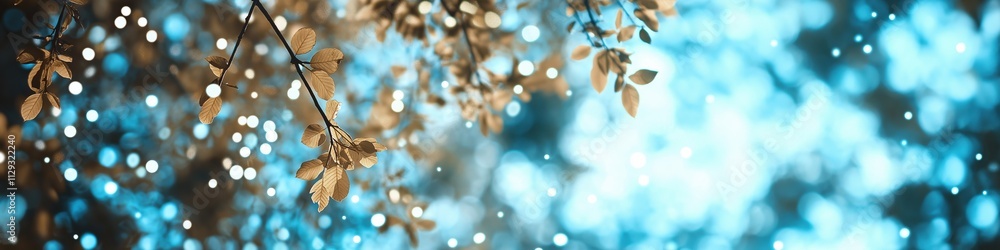 Poster a tree branch with snowflakes falling on it. the snowflakes are scattered all over the branch, creat