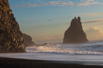 Reynisfjara black sand beach, on the south coast of Iceland, on a winter morning. Beautiful...