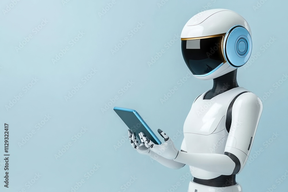 Poster personal assistant robot interacts with digital tablet in a minimalist environment