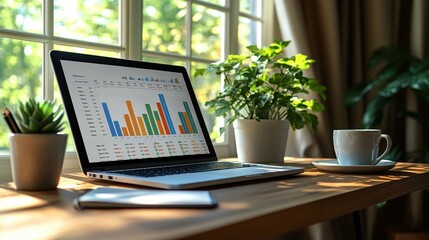 Laptop displaying business analytics on a wooden desk with potted plants and coffee cup