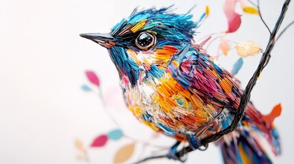 Close-up of a tiny bird with vivid plumage, perched on a thin branch, intricate and delicate