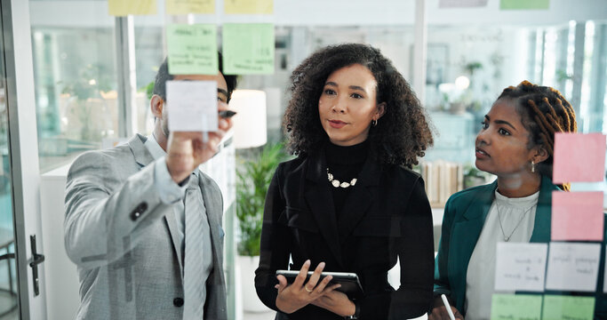 Teamwork, meeting and business people on tablet in office for schedule, brainstorming and problem solving. Sticky notes, corporate and workers on digital tech for planning, research and collaboration