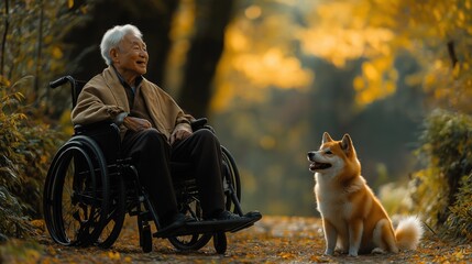 Elderly man in wheelchair enjoys autumn day with loyal shiba inu in park