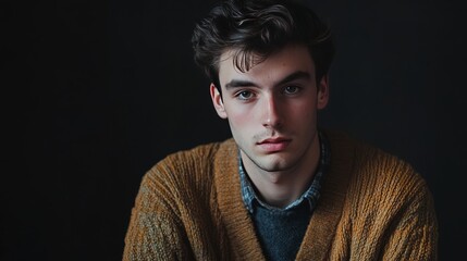 Obraz premium Young man in cardigan, extra space.