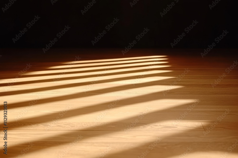 Poster sunlight streams through window, casting parallel shadows on light wood floor in dark room.
