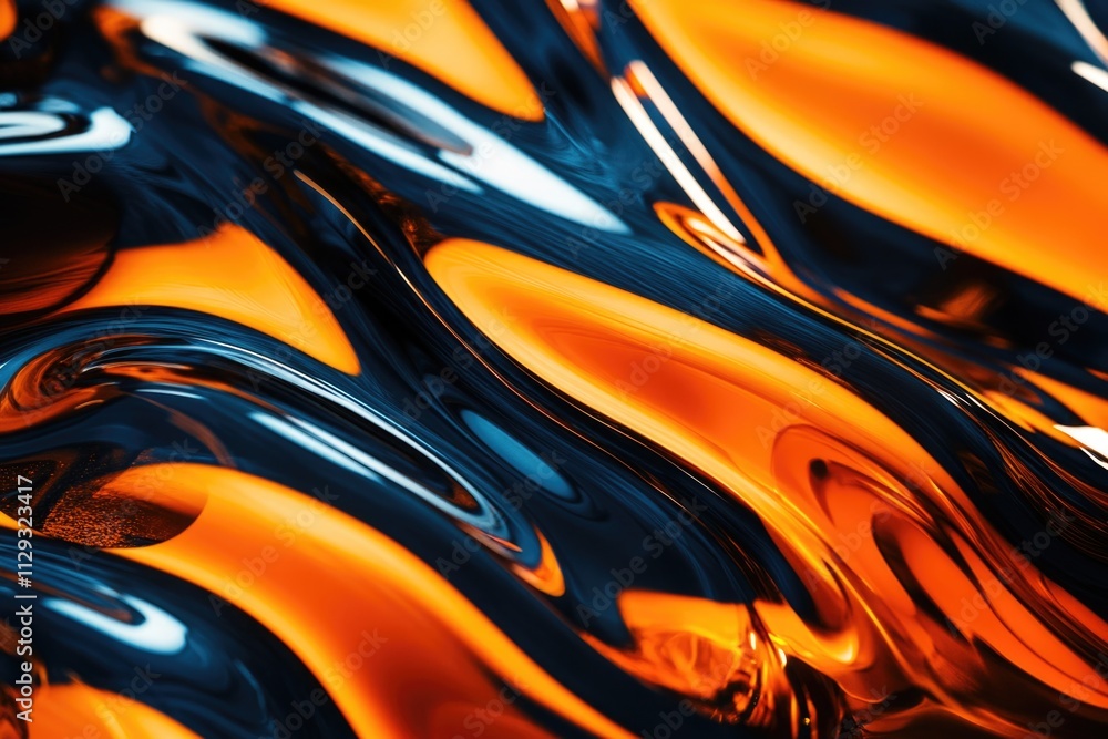 Poster a close-up shot of a mysterious black and orange liquid with swirling patterns