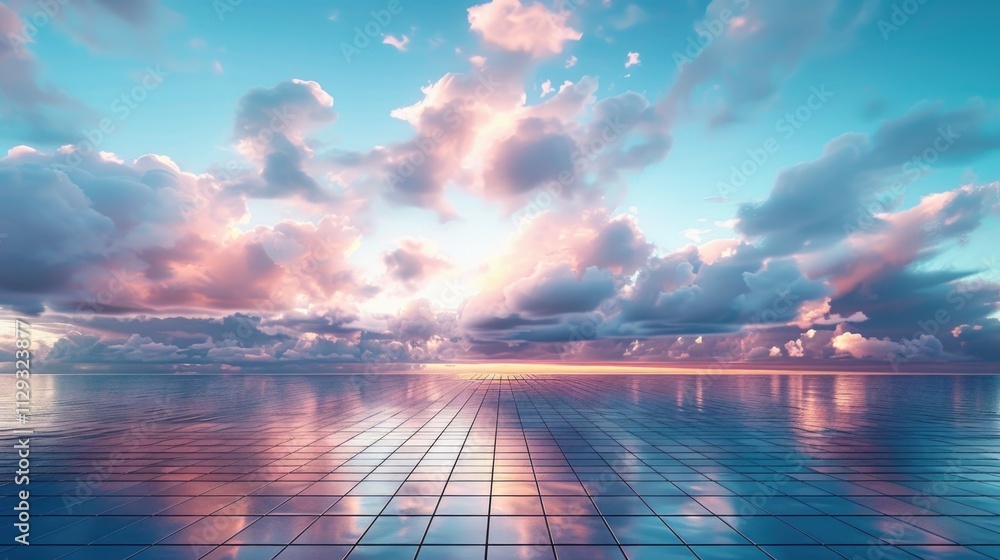 Poster a serene image of the sun setting over the ocean with fluffy clouds in the background