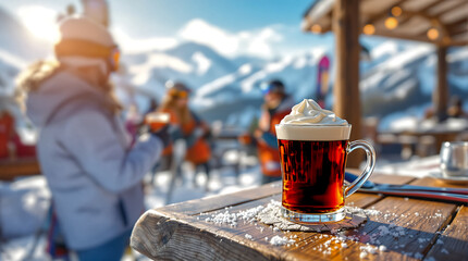 Mountain Après-Ski Jagertee, strong black tea with rum and whipped cream with a stunning view of the Alps