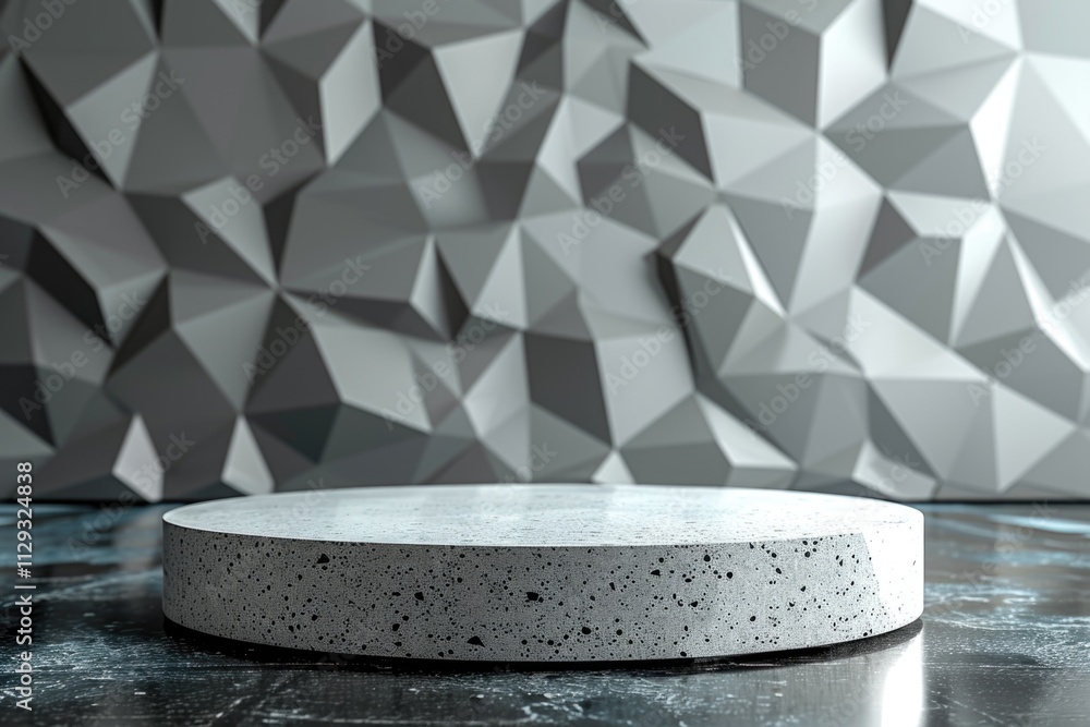 Poster a modern urban scene with a geometric patterned wall in the background and a smooth concrete surface