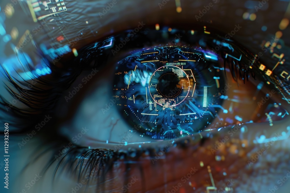 Poster a close-up shot of a person's eye with a circuit in the background, suitable for use in technology-r