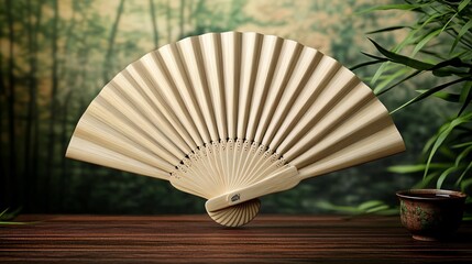 Elegant Bamboo Fan Displayed on a Rustic Wooden Table Surrounded by Soft Greenery in a Tranquil Nature Setting