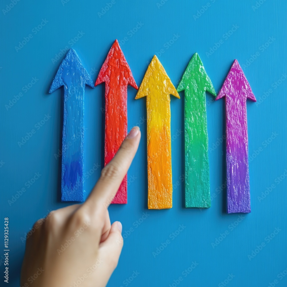 Poster A hand pointing at a row of painted arrows on a wall or board, indicating a path to follow