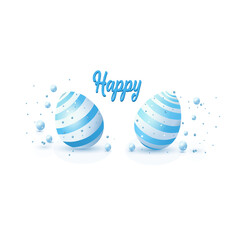 Striped Easter Eggs with Blue Bubbles and Happy. Festive Blue Easter Egg Illustration with Decorative Elements