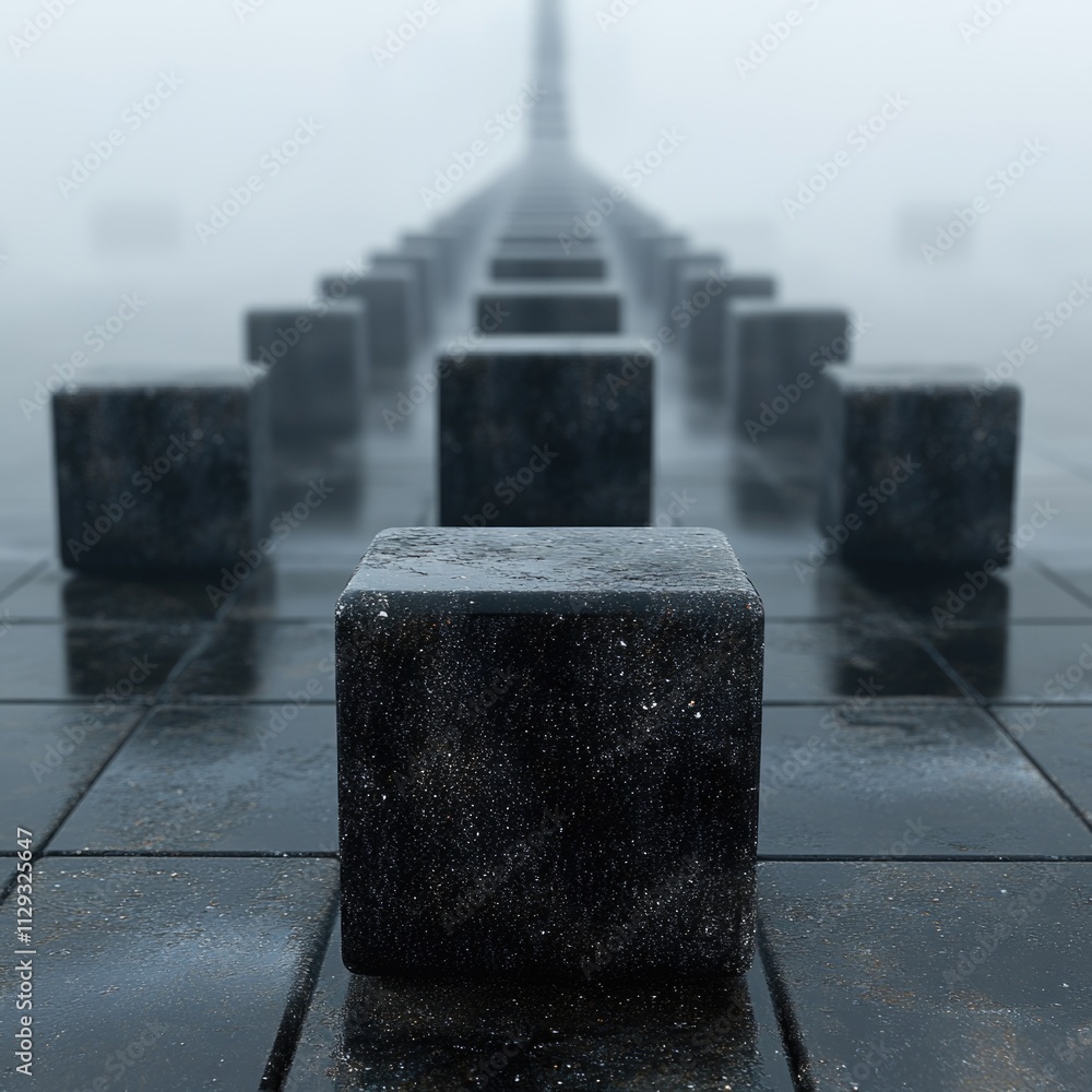 Poster A group of cubes sitting on a tiled floor, with a simple and clean design