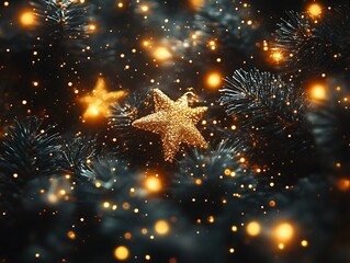 Golden Stars Adorn Dark Christmas Tree Branches